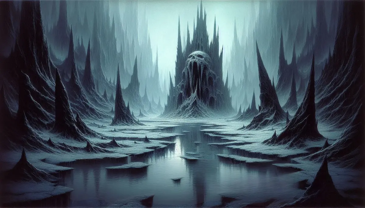 Helheim est le royaume des morts, l’un des lieux les plus sombres et les plus lugubres des neuf mondes. Situé aux confins brumeux d’Yggdrasil, il est gardé par la déesse Hel, fille de Loki, dont le visage est à moitié vivant et à moitié cadavérique. Ce monde s’étend dans une obscurité glaciale où ni le soleil ni la lune ne pénètrent.