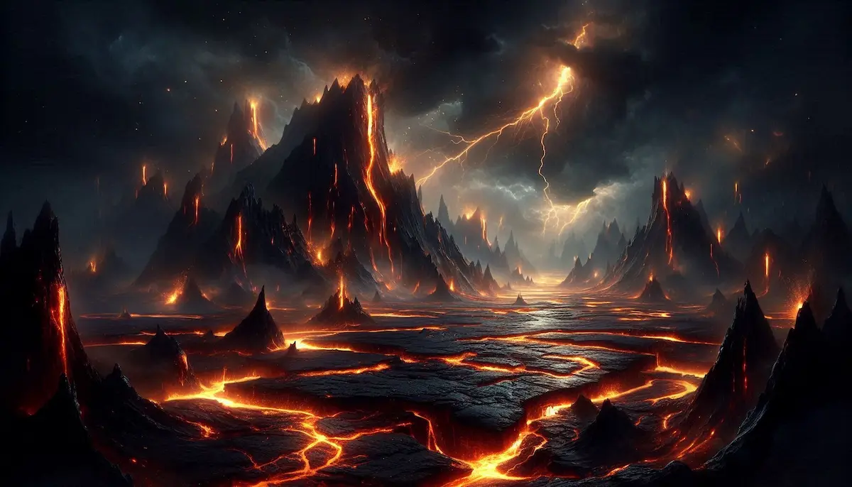 Muspellheim est l’opposé absolu de Niflheim. Là où ce dernier est brume et glace, Muspellheim est flamme et destruction. C’est un monde incandescent, né au commencement de la création, qui brûle depuis toujours et brûlera jusqu’à la fin des temps.