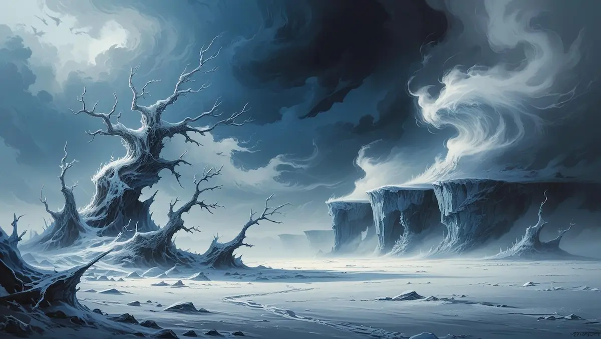 Niflheim est l’un des royaumes primordiaux, né au commencement du cosmos. Son nom signifie « le monde des brumes », et il incarne le froid, l’obscurité et la glace éternellee