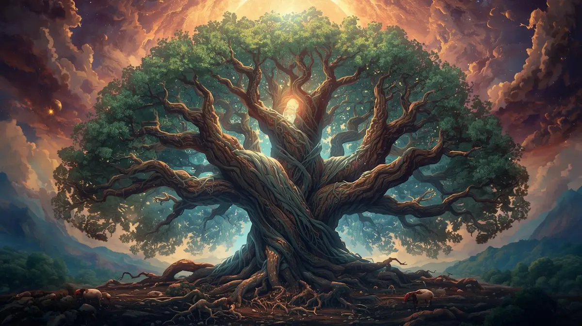 Yggdrasil est l'Arbre-Monde autour duquel gravite neuf mondes : Asgard, Midgard, Nidavellir, Jotunheim, muspellheim, helheim, Vanaheim, alfheim et niflheim dans LA NUIT DU RAGNARÖK
